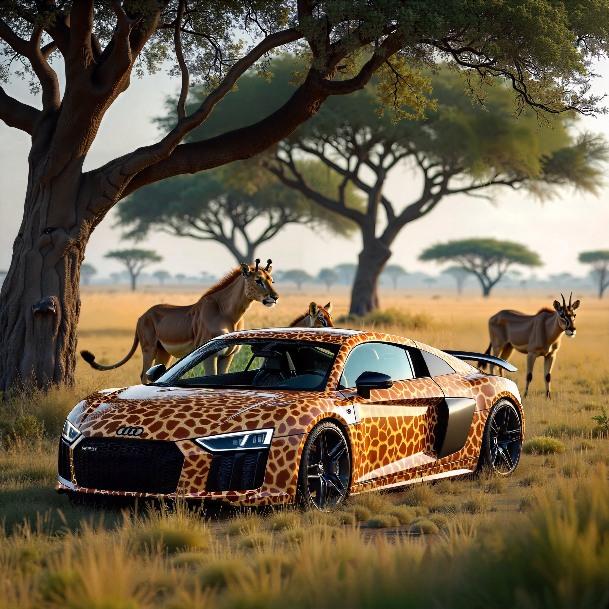 Nestled in the grasslands, an audi r8 with a sleek giraffe-printed, furry texture stands out among the towering savanah trees. Surrounding the car, a gathering of grasslands creatures such as zebra, lions, and gazelle—admire its unique appearance, blending the wild elegance of nature with modern engineering.