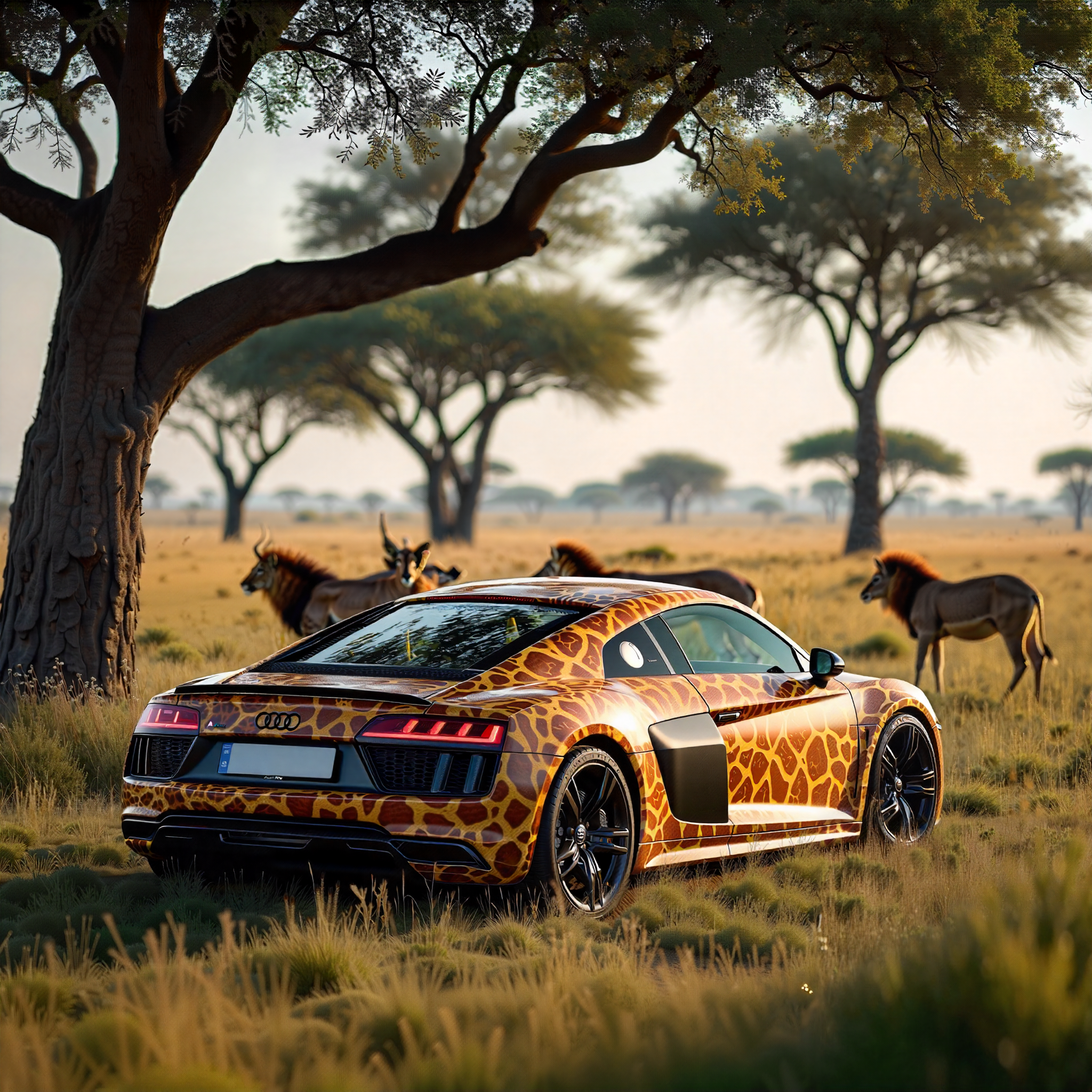 Nestled in the grasslands, an audi r8 with a sleek giraffe-printed, furry texture stands out among the towering savanah trees. Surrounding the car, a gathering of grasslands creatures such as zebra, lions, and gazelle—admire its unique appearance, blending the wild elegance of nature with modern engineering.Camera angle looking at the back of the car