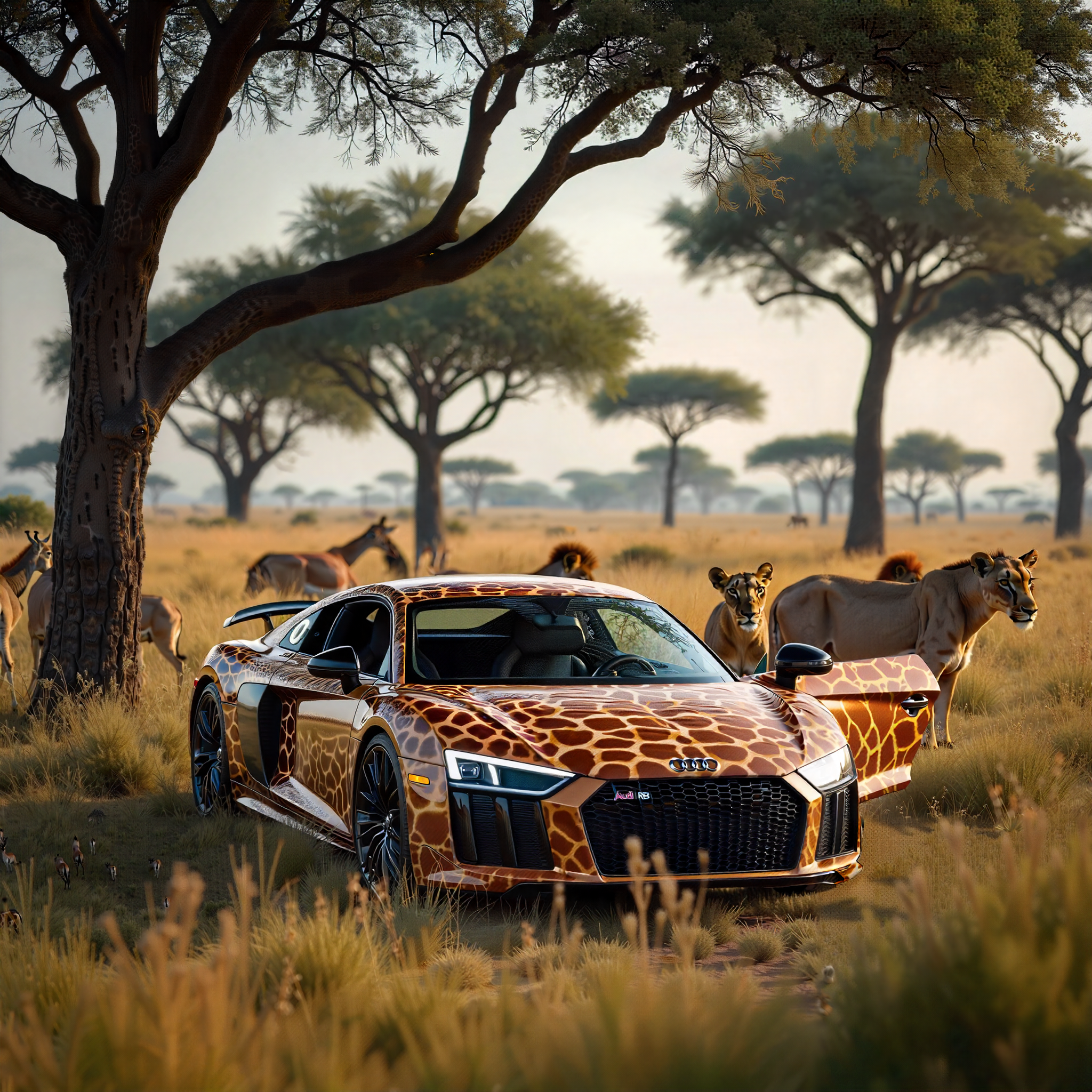 Nestled in the grasslands, an audi r8 with a sleek giraffe-printed, furry texture stands out among the towering savanah trees. Surrounding the car, a gathering of grasslands creatures such as zebra, lions, and gazelle—admire its unique appearance, blending the wild elegance of nature with modern engineering. Camera angle looking at the front of the car, car doors open
