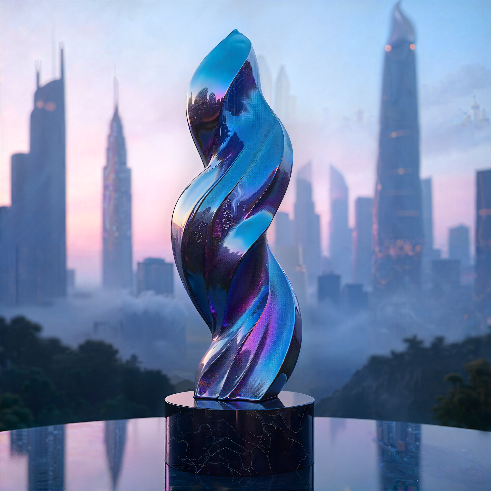 A slender, 7-foot-tall, iridescent statue stands alone, its undulating curves evoking a sense of fluid dynamics, as if molten metal had been poured into an invisible mold, its surface a mesmerizing dance of blues and purples, like the shimmering of a butterfly's wings, reflecting the soft luminescence of a futuristic cityscape at dusk, with towering skyscrapers looming in the background, their peaks lost in a swirling mist, the statue's pedestal a simple, polished obsidian cylinder, allowing the intricate, swirling patterns of the statue to take center stage.
