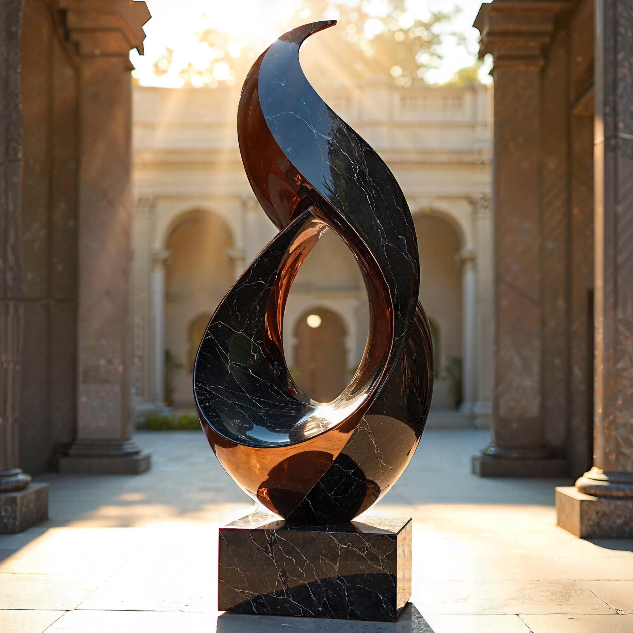 A mesmerizing art statue stands alone, its intricate form crafted from polished black marble and gleaming copper, with undulating curves and sharp, geometric facets that refract and reflect the warm, golden light of late afternoon, casting a kaleidoscope of shadows on the surrounding white stone floor.