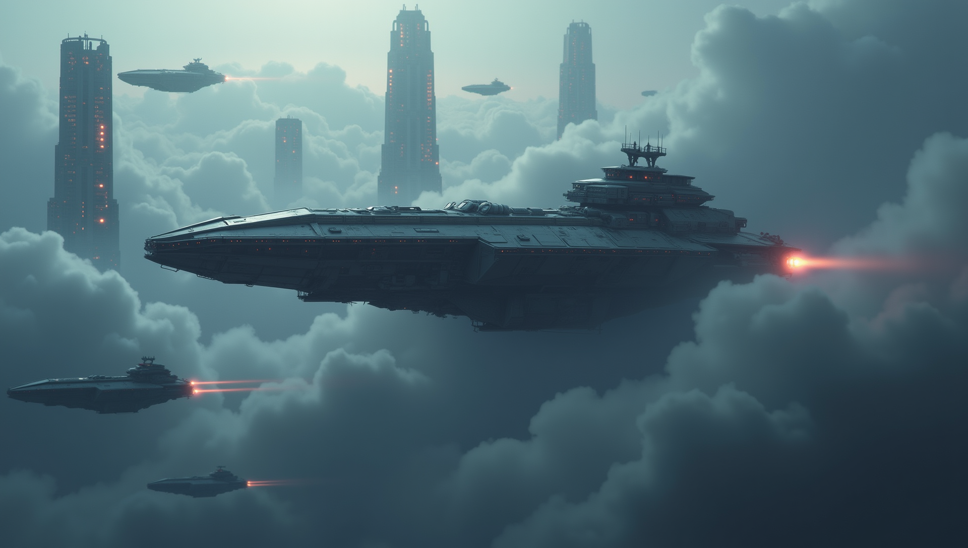 a galactic batlle of alien ships flying through the clouds on an alien planet. Skyscrapers of different heights and kinds are poking through the thick cloud cover. Smaller ships surround the larger alien ship, the neon lights of the smaller ships glistening in the clouds.