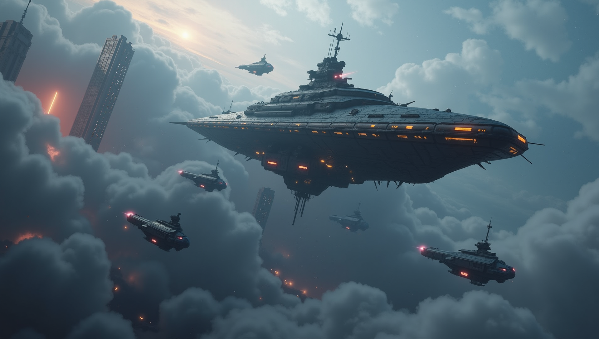 a galactic batlle of alien ships flying through the clouds on an alien planet. Skyscrapers of different heights and kinds are poking through the thick cloud cover. Smaller ships surround the larger alien ship, the neon lights of the smaller ships glistening in the clouds. Gunfire and cannon fire is being exchanged between sides.